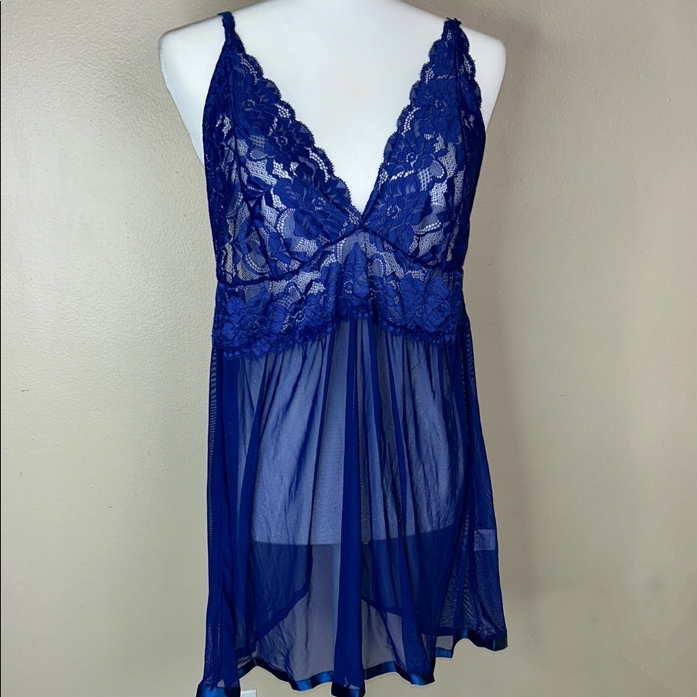 Avid Love Blue Lace Chemise with Sheer Mesh and Adjustable Straps
